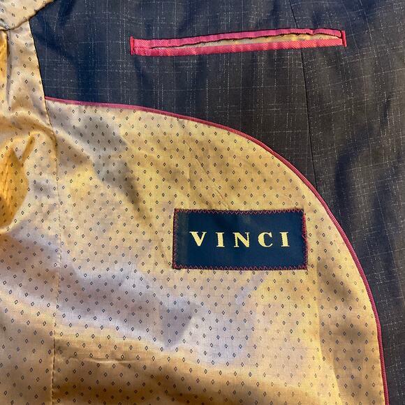 Vinci Brown Suit Jacket Blazer Checked Italian Single Breasted Neutral Size 52R - Picture 5 of 9